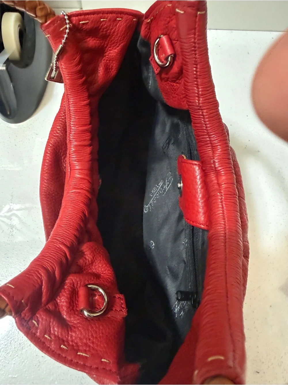 Fossil Red Leather Handbag with Braided Handles
